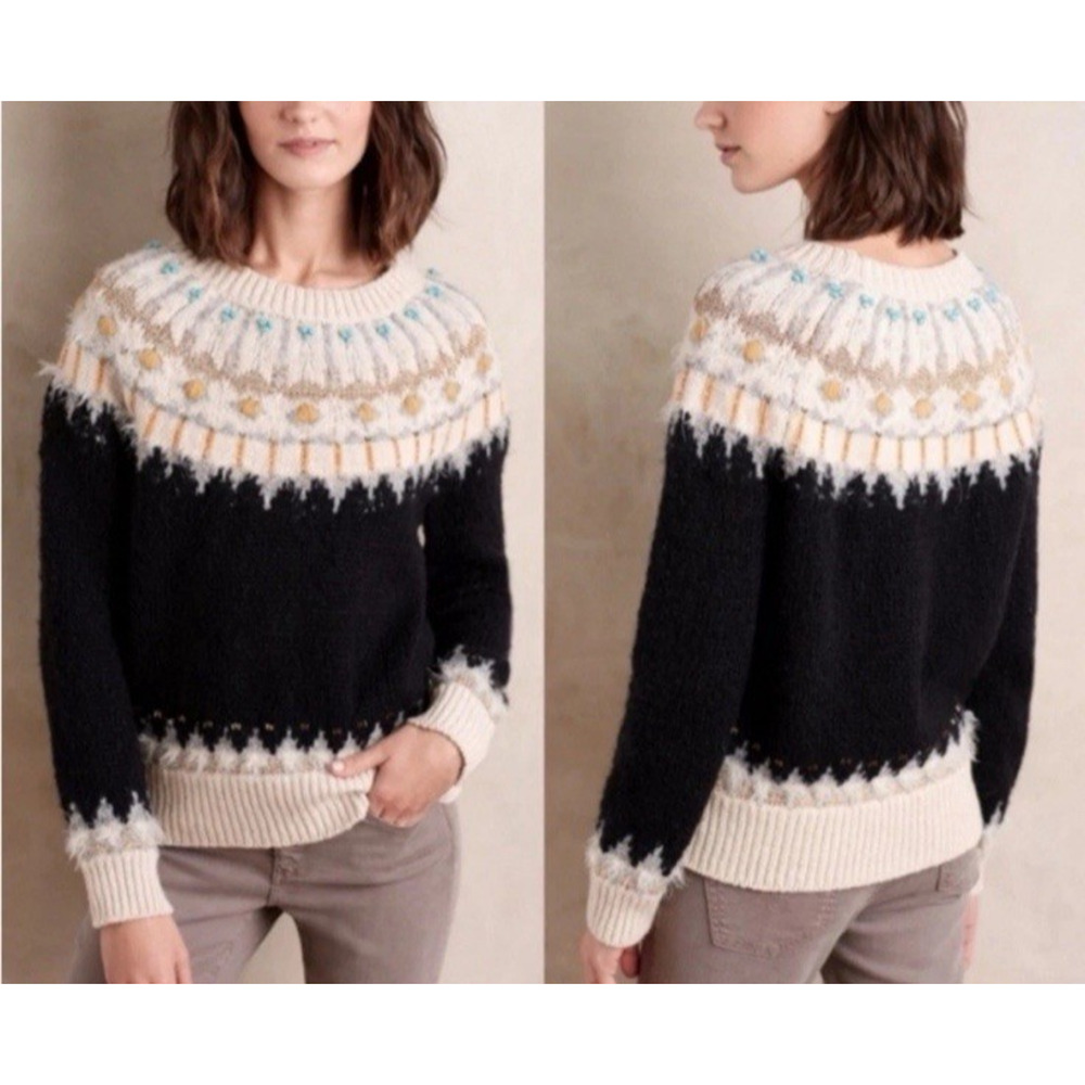 Anthropologie Sleeping on Snow beaded Fair isle Wool blend Pull over Sweater XS